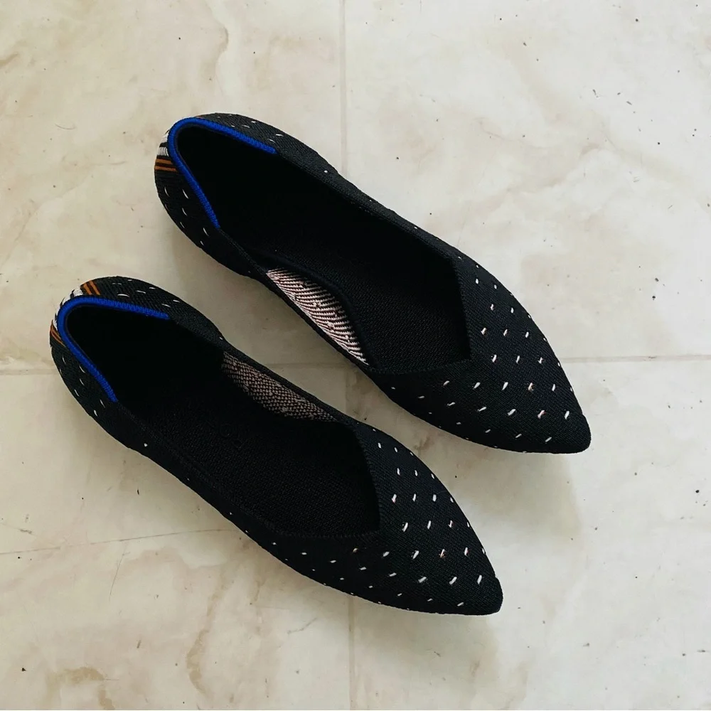 $145 Rothy's Pointed Toe Black Ivory Polka Dot Slip-on Knit Ballet Flats Sz 5.5